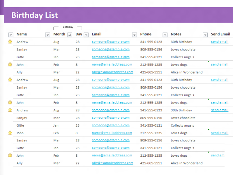 MS Word Birthday List Template Formal Word Templates