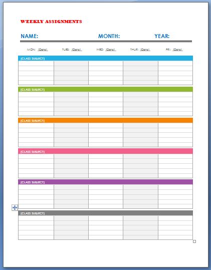 Homework calendar template