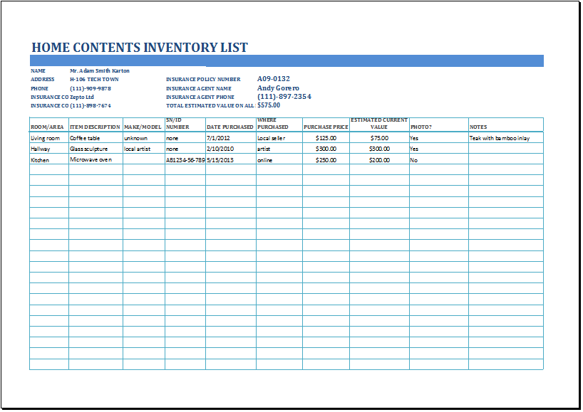 MS Excel Household Inventory List Template Formal Word Templates