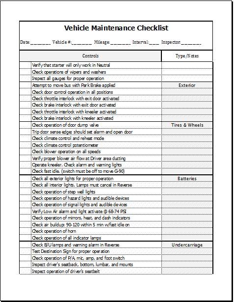 Vehicle Maintenance Checklist Template | Formal Word Templates