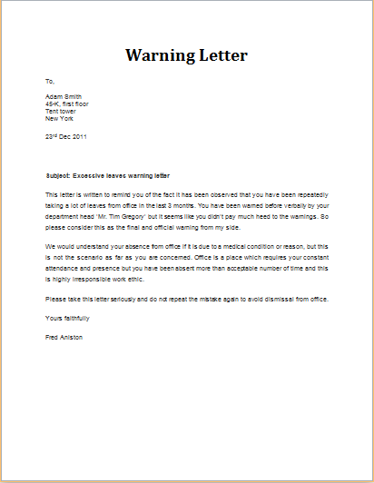 Warning Letter to the Client for Non Payment