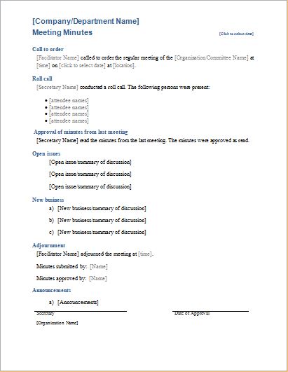 Microsoft Word Meeting Minutes Template