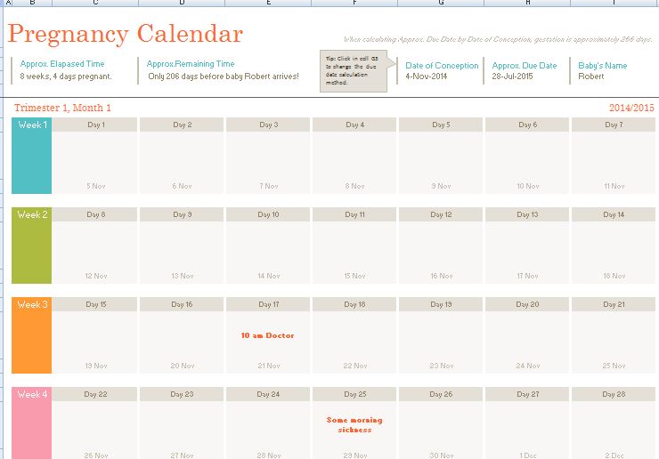 Printable Pregnancy Calendar Week By Week Calendar Templates