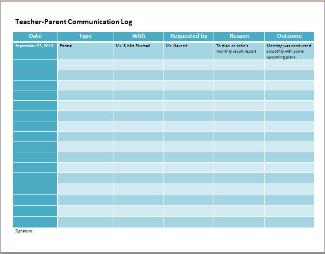 Parent Teacher Communication Log Template from wordtemplatesbundle.com