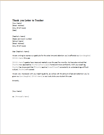 Thank you letter to teacher