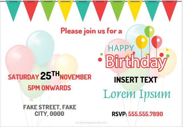 Birthday Party Invitation Card for MS Word
