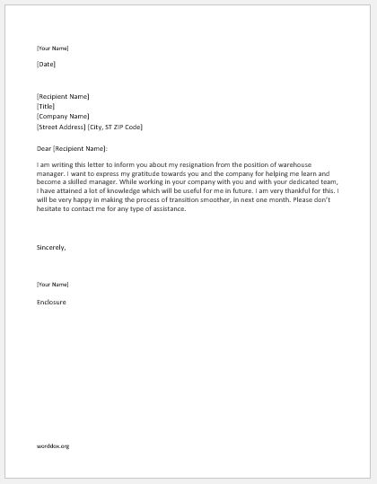 Warehouse manager resignation letter