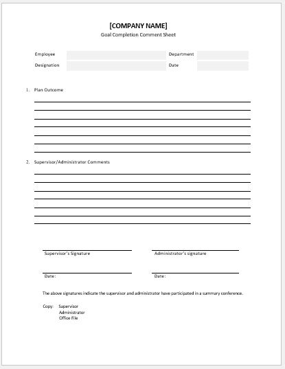 Goal completion comment sheet