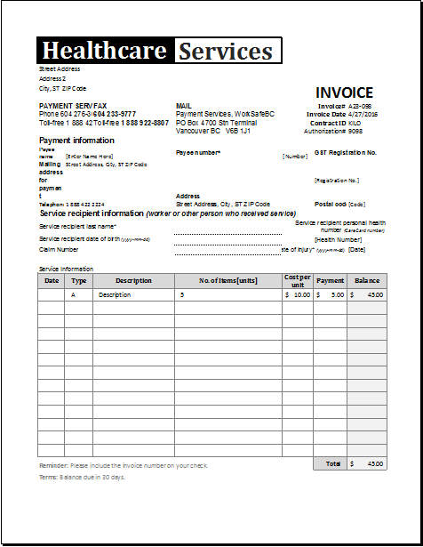 Healthcare service invoice template