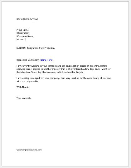 Resignation Letter During Probation Period Formal Word Templates