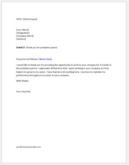 Thank You Letter After Probation Period Formal Word Templates