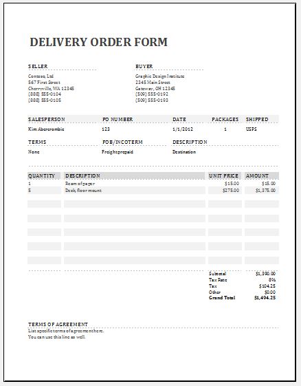 Delivery order template