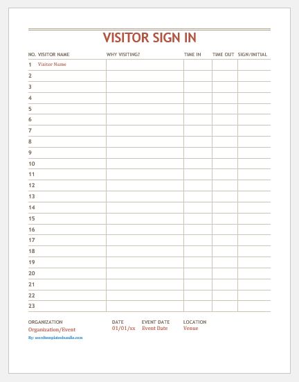 Visitor Sign In Sheet Templates MS Word Formal Word Templates