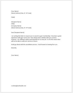 Gym cancellation letter due to shifting