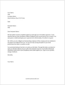 Warning letter for bad behavior in office