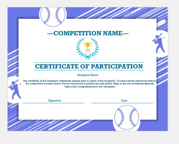 Baseball certificate template