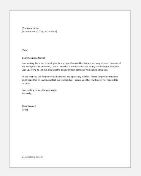 Apology letter for unprofessional behavior