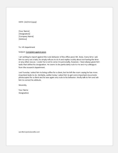 Formal Complaint Letter Sample On Co Worker from wordtemplatesbundle.com