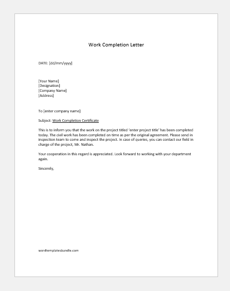 Civil work completion letter
