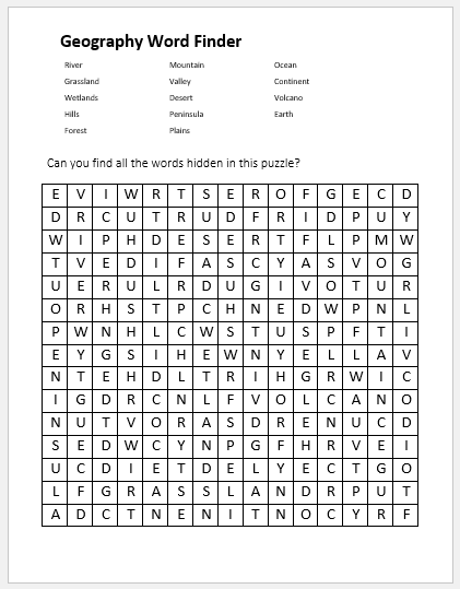 Geography word finder template