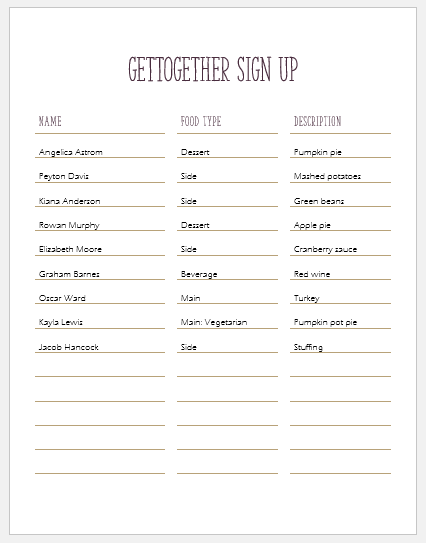 Get together sign up sheet