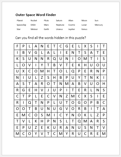 Outer Space Word Finder Template