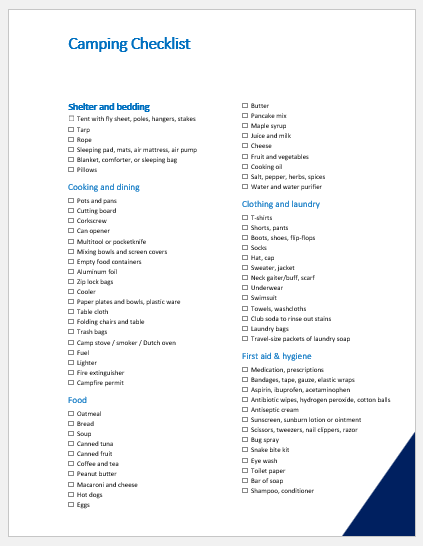Camping checklist template