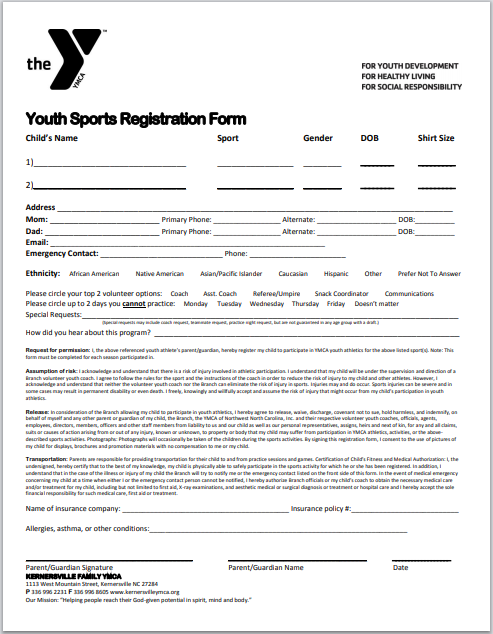 Youth sports registration form template